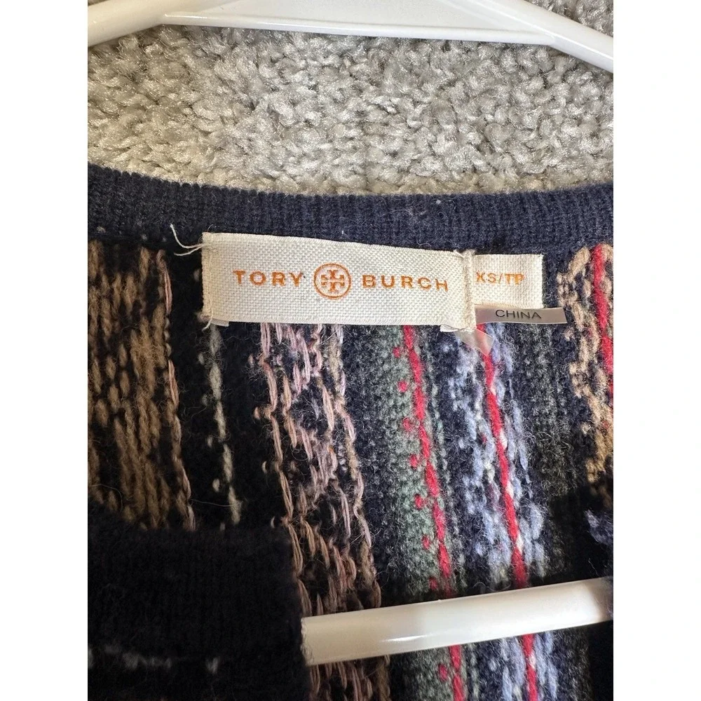 Tory Burch Fair Isle Patchwork Wool Tunic Sweater XS Geometric V Neck Boho